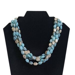 Vintage Light Blue & Silver Leaf Shaped Beads Multi Strand Choker Style Necklace